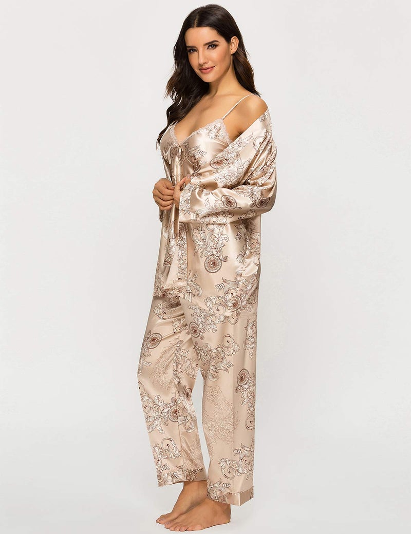Escalier Women's Silk Satin Pajamas Set 3 Pcs Floral Silky Pj Sets Sleepwear Cami Nightwear with Robe and Pants Camel M - Image 2